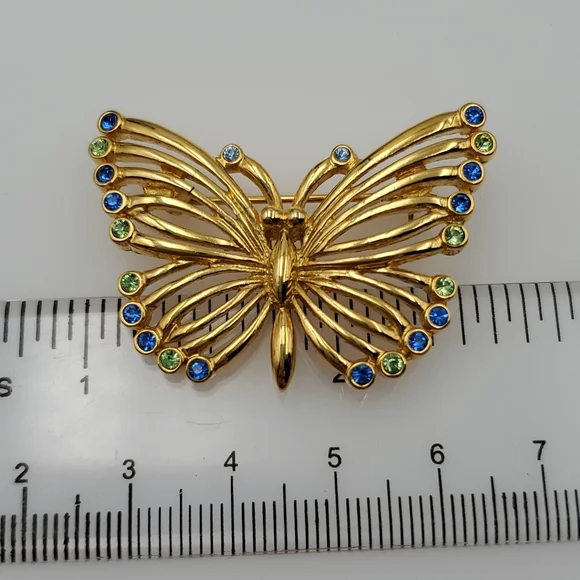 Gold Tone Butterfly with Blue & Green Rhinestones Brooch - Picture 5 of 5